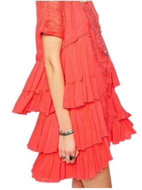 Free People Coral Sunbeams Embroidered Boho Lace Tiered Mini Dress Size Small